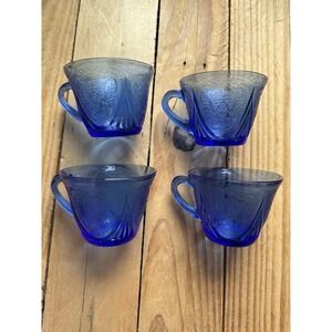 Vintage Depression Hazel Atlas Royal Lace Cobalt Blue Cup Set Of 4